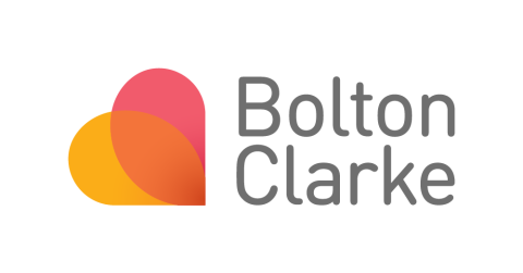Two teardrop shapes in orange and red with the text Bolton Clarke to the right